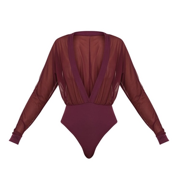 PrettyLittleThing Wine Mesh Plunge Thong Bodysuit - Picture 4 of 10